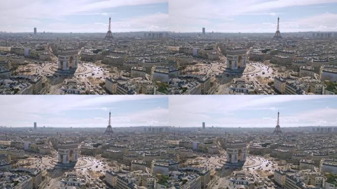 法国巴黎城市景观，凯旋门或凯旋门，背景是埃菲尔铁塔和蒙帕纳斯塔。无人机降落