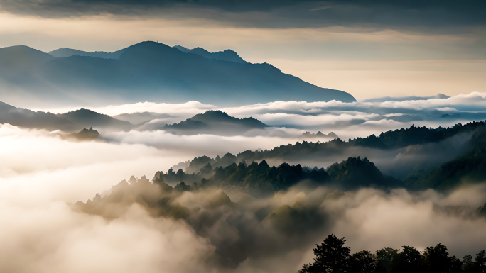 山峰云雾森林阳光树林大自然生态环境风景