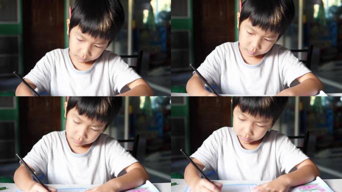 小学生在家做作业，神情专注。亚洲小男孩坐在课桌前写练习本。教育理念，学习，家校。