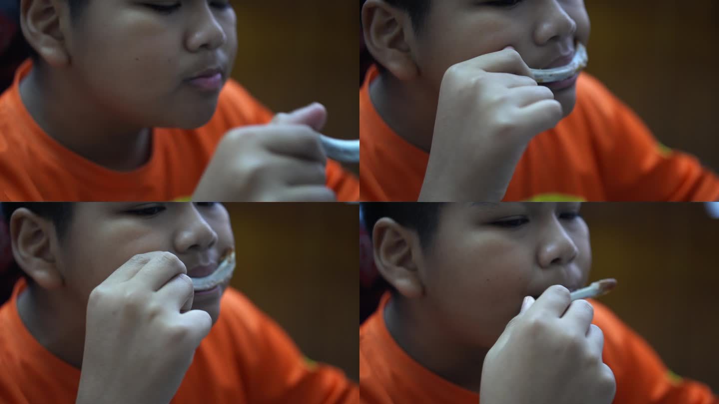 一个男孩吃炸排骨的特写