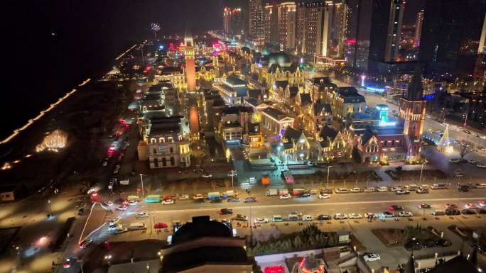 航拍大连东港威尼斯夜景