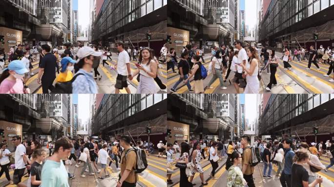 一群亚裔华人走过香港中央商务区的斑马线。交通运输，公共交通，亚洲交通，旅游，城市生活理念。慢动作