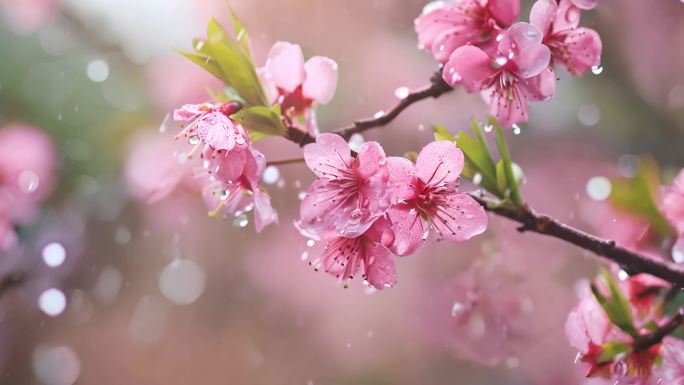 春天雨中桃花特写