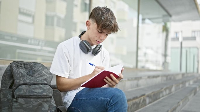一名身穿白衬衫的金发少年在校园里做笔记，描绘了一名年轻男学生的城市生活方式。