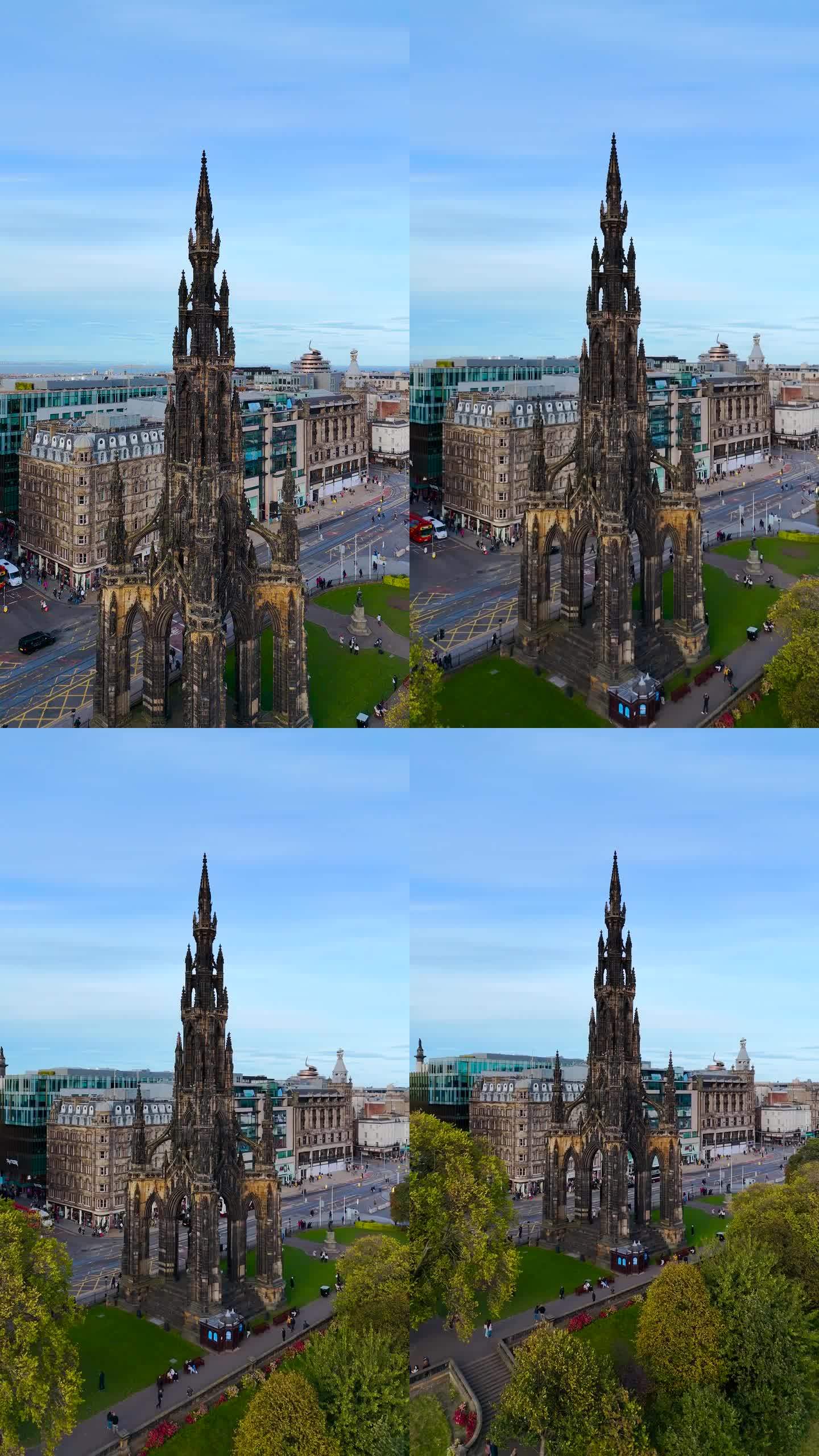 鸟瞰爱丁堡斯科特纪念碑，鸟瞰位于爱丁堡老城和公主街的斯科特纪念碑，爱丁堡市中心的斯科特纪念碑，苏格兰