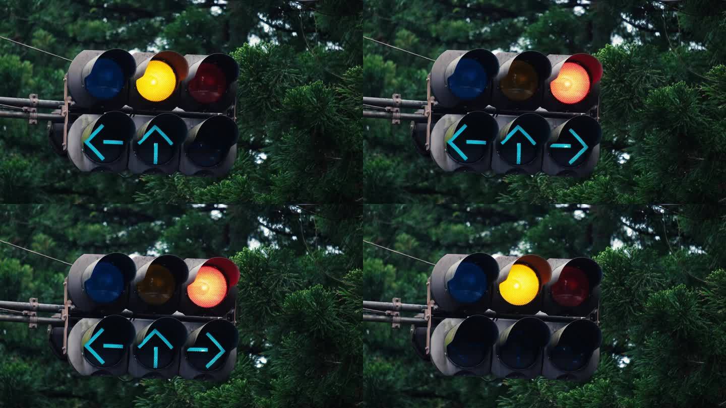 在金融区十字路口交通灯由绿转红。