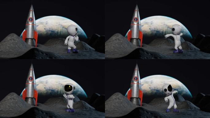 卡通宇航员在月球上跳舞，背景是地球