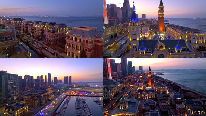 航拍大连东港威尼斯蓝调夜景二