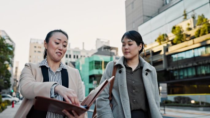 商务人士、日本妇女带证件、散步与交谈带规划、合作与讨论。广岛，经理和员工与团队合作，同事和协作