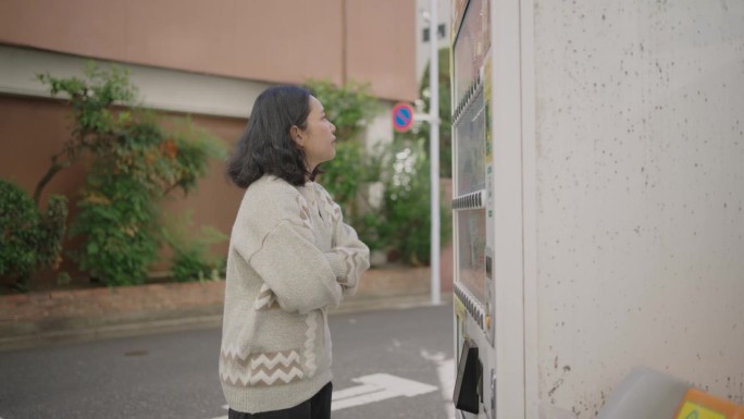 亚洲女性在自动售货机上用信用卡付款。
