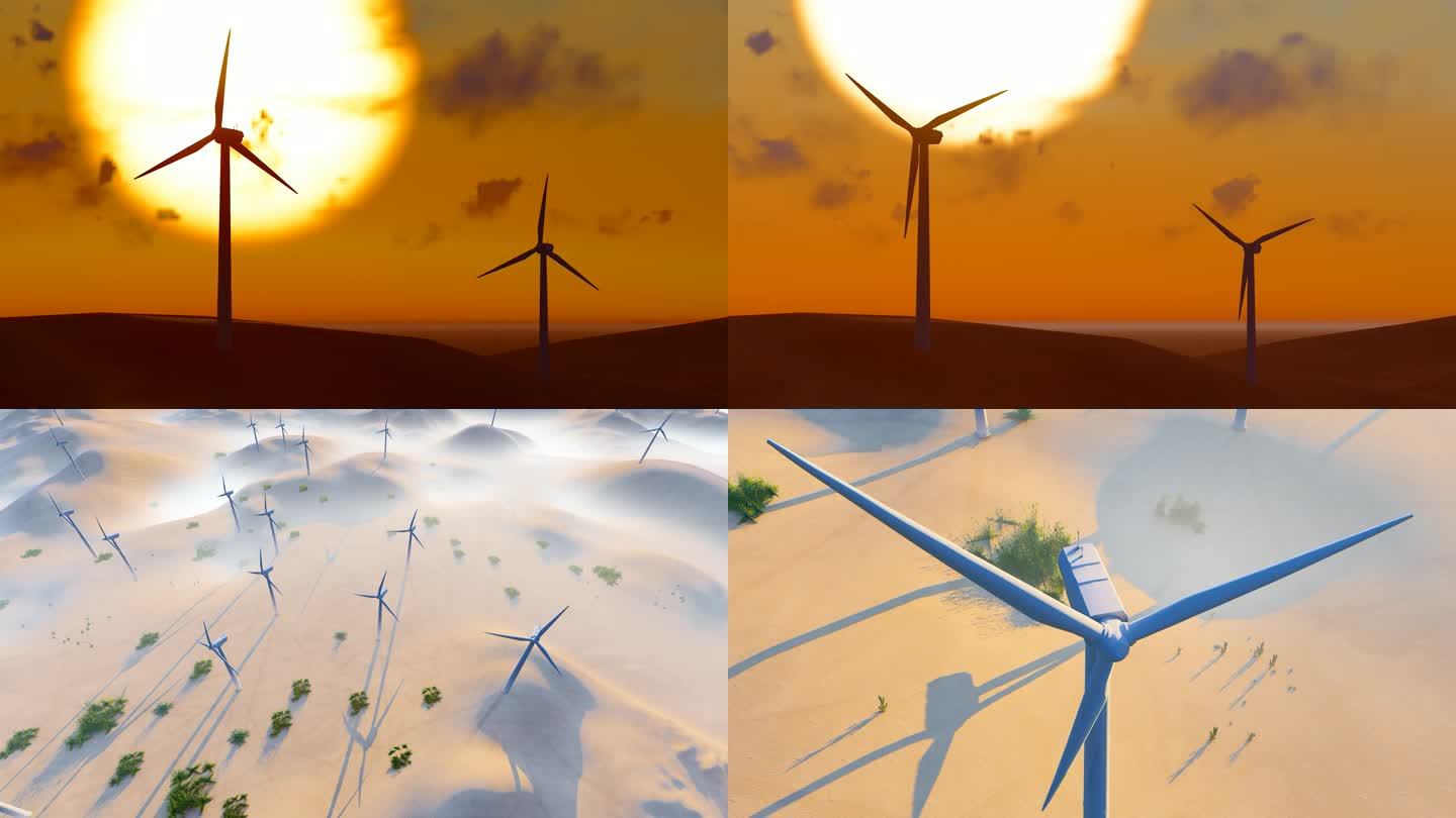 沙漠戈壁滩风力发电和大风车慢动作