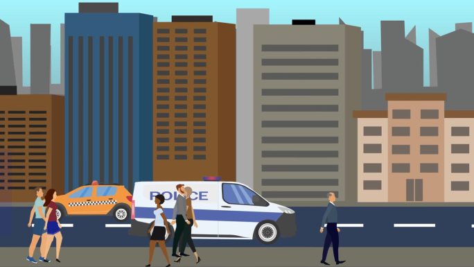 二维平面动画的城市背景，人和车在路上跑