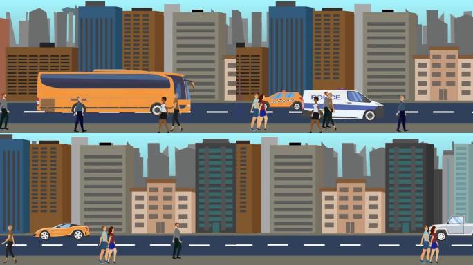 二维平面动画的城市背景，人和车在路上跑