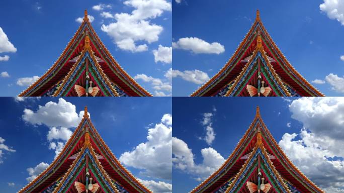 中式建筑飞檐翘角蓝天白云延时