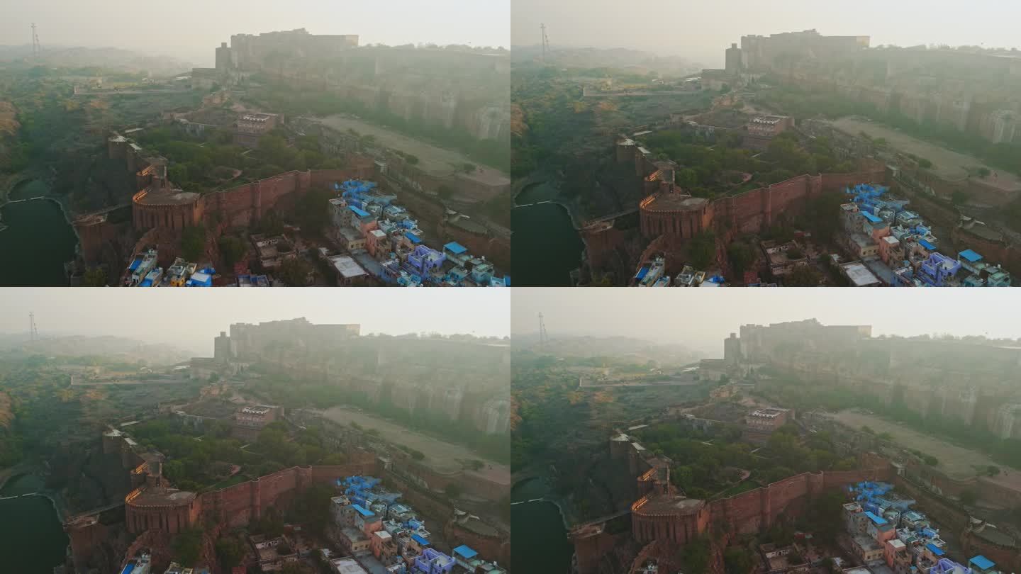 鸟瞰拉贾斯坦邦日落时的梅兰加尔堡和焦特布尔蓝色城市