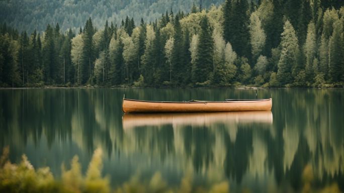 湖泊中的独木舟 孤独的小舟：青山碧水