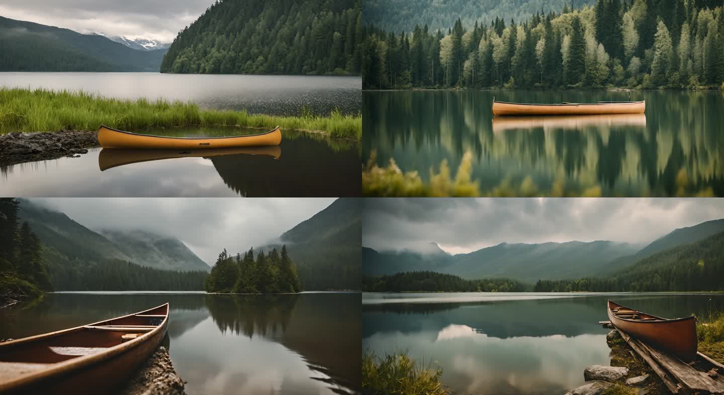 湖泊中的独木舟 孤独的小舟：青山碧水