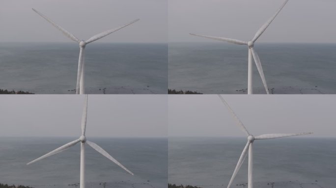 山东威海经区沙龙王村海边旋转的大风车