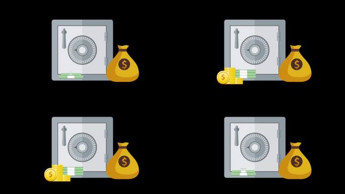 钱袋，美元硬币和钞票节省概念动画与阿尔法频道。
