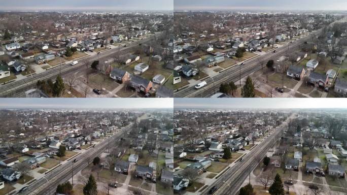密歇根州皇家橡树社区的主要街道:沿着底特律郊区延伸的小型独立房屋。航拍镜头与平移相机运动