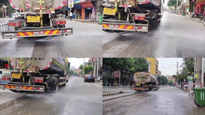 洒水车跟拍洒水车街景城市环卫城市道路降尘