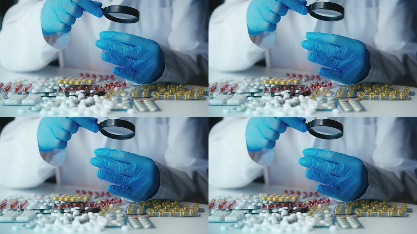 实验室研究人员用放大镜观察药丸，质量控制，药物