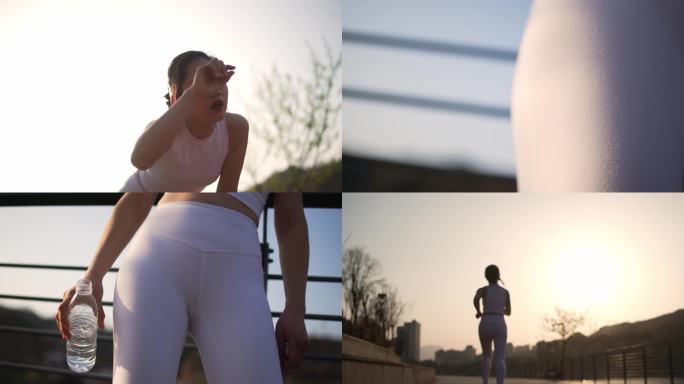 4K实拍夕阳下健身跑步的女人