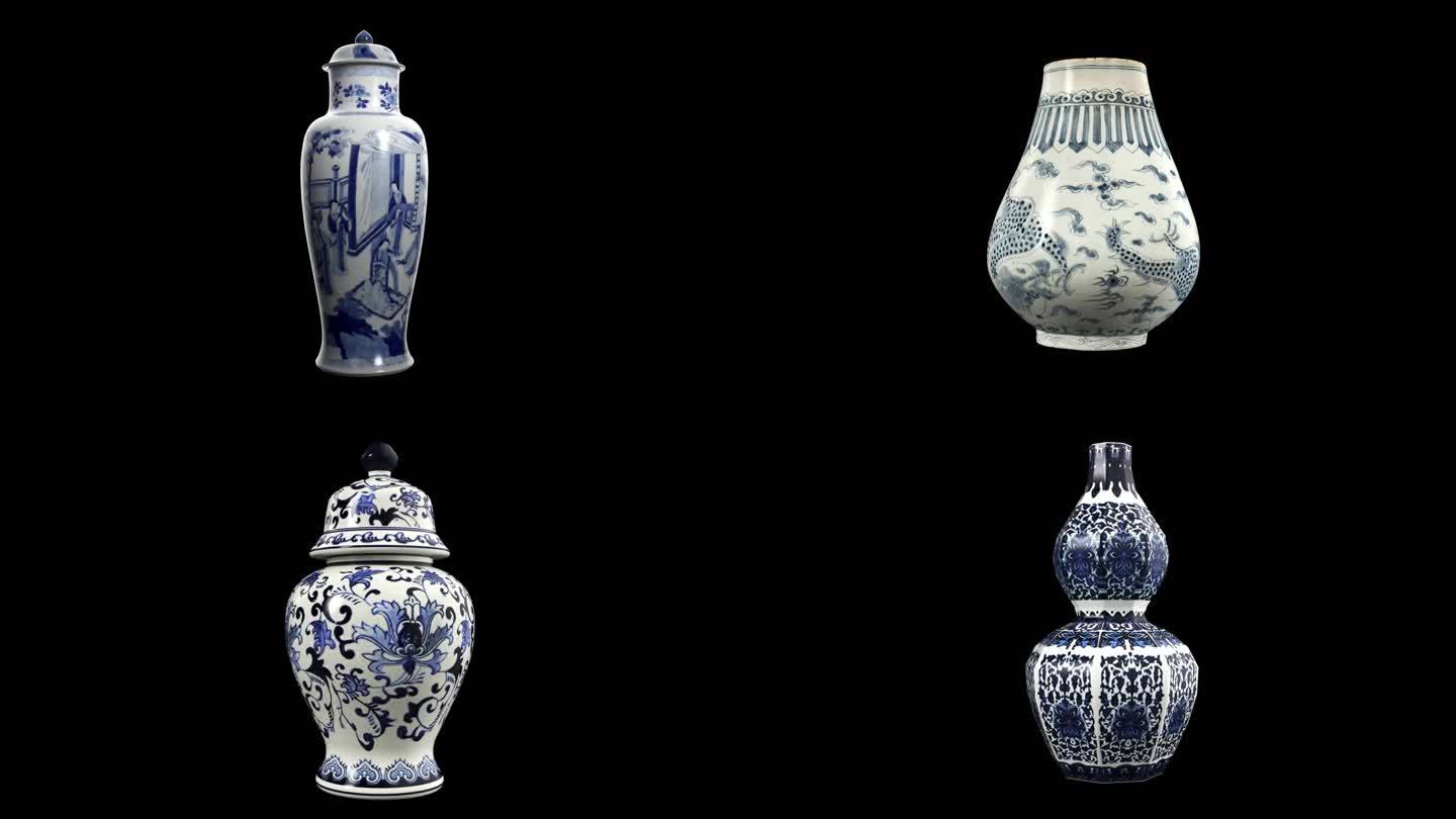 4个青花瓷陶瓷瓷器模型