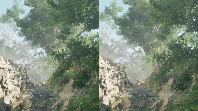 这幅画描绘了一条被树木环绕的岩石河流