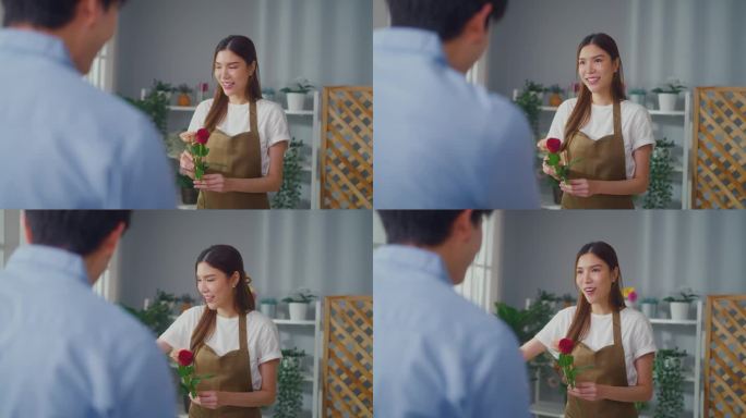 亚洲年轻的花店女孩在店里向顾客兜售漂亮的花束。有魅力的女小企业主在花店给男买家送鲜花礼物时感到快乐和