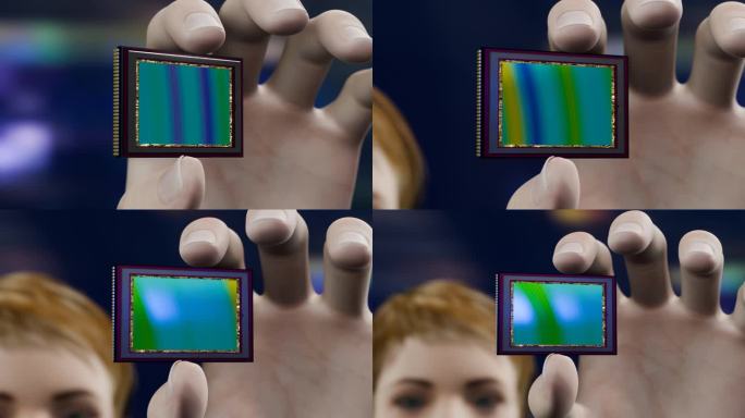 数码摄影:35mm相机传感器。手握它的特写。3D动画。
