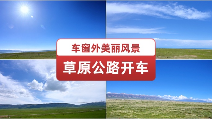草原公路开车窗外美丽风景 草地蓝天 阳光