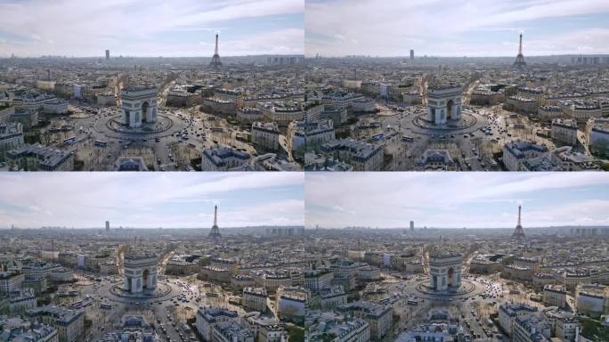 法国巴黎城市景观，凯旋门或凯旋门，背景是埃菲尔铁塔和蒙帕纳斯塔。无人机飞回