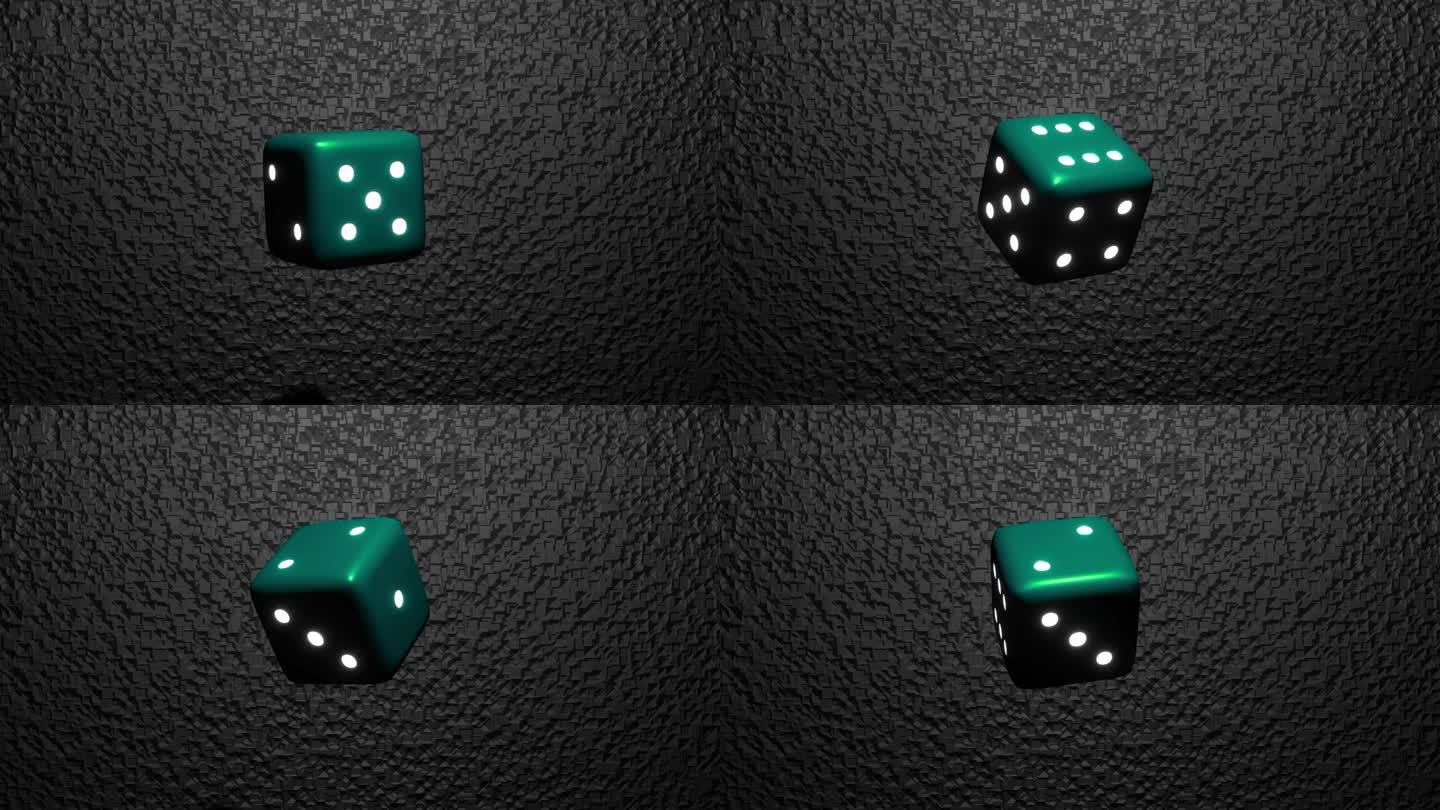 无缝循环绿色骰子旋转黑色背景。绿色骰子过渡，魔鬼的骨头，过渡，赌场，青色骰子旋转