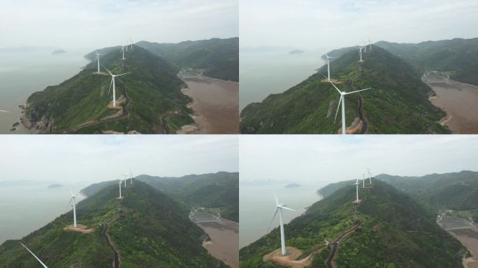 广东泰山川岛上川岛风电场在雾天鸟瞰图，中国