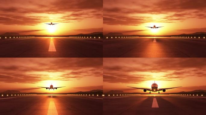 一架飞机在美丽的金色日落中着陆的前视图