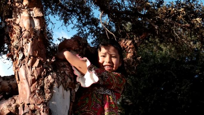 棕色皮肤的拉丁裔孤儿在公园里抱着一棵树玩耍