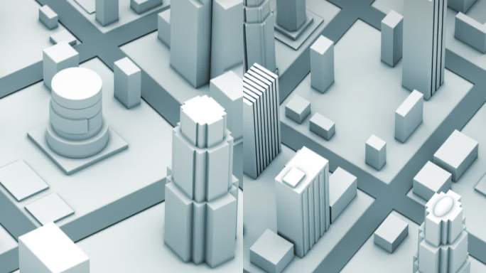 白色的未来城市3D模型。建筑物从地面拔地而起