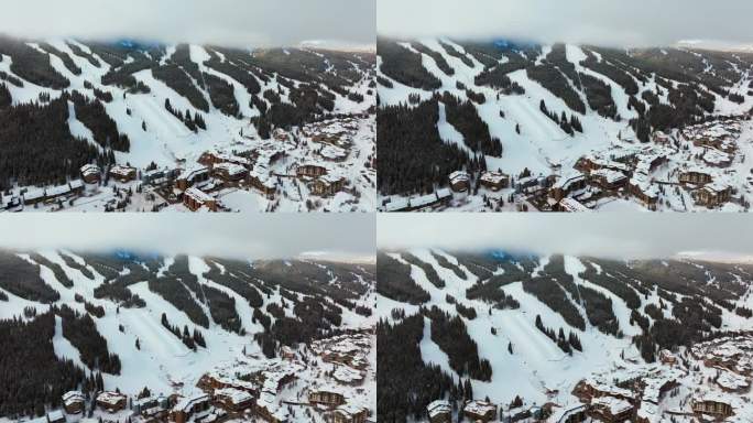 雾升降机云层冬天下雪清晨日出空中无人机铜山科罗拉多州滑雪胜地i70鹰飞行升降机中心村单板滑雪半管伊肯