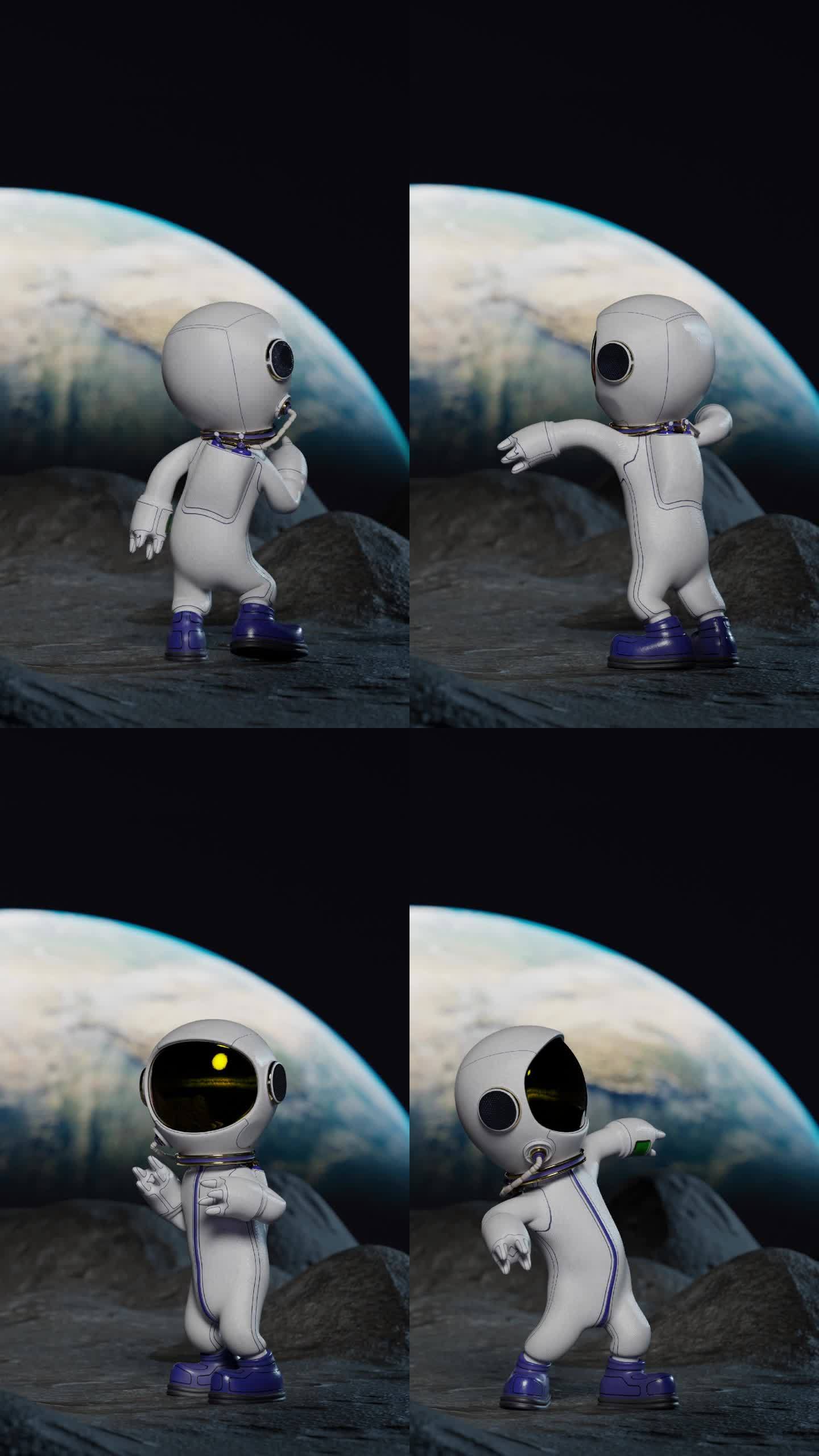 卡通宇航员在月球上跳舞，背景是地球