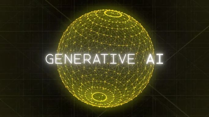 当“生成式人工智能”在屏幕上动画时，黄色粒子一起旋转形成一个发光的球体