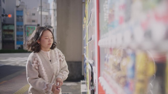 一名亚洲妇女在日本用水龙头从自动售货机买饮料。