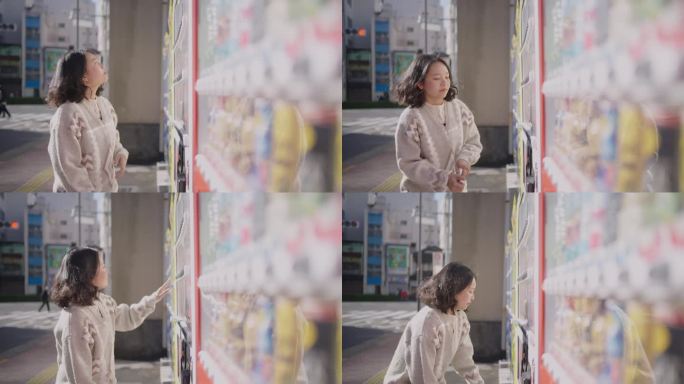一名亚洲妇女在日本用水龙头从自动售货机买饮料。