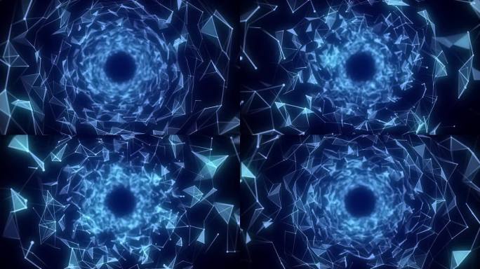 未来科幻圈的太空入口。三维蓝色ai隧道与点和线。抽象的数字虫洞数据。用漏斗流动颗粒。黑暗背景上的幻想