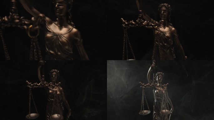 闪电带烟，铜像代表正义和平等的法律观念，正义女神手持天平