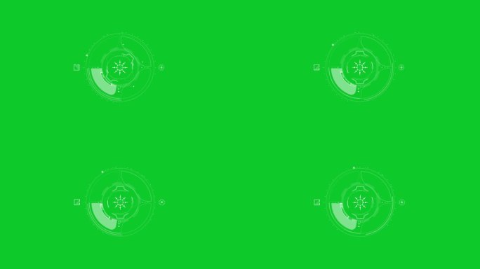 绿色屏幕上的HUD无人机目标:未来加载待定屏幕界面动画，无人机相机记录取景器覆盖。航空视频的HUD元