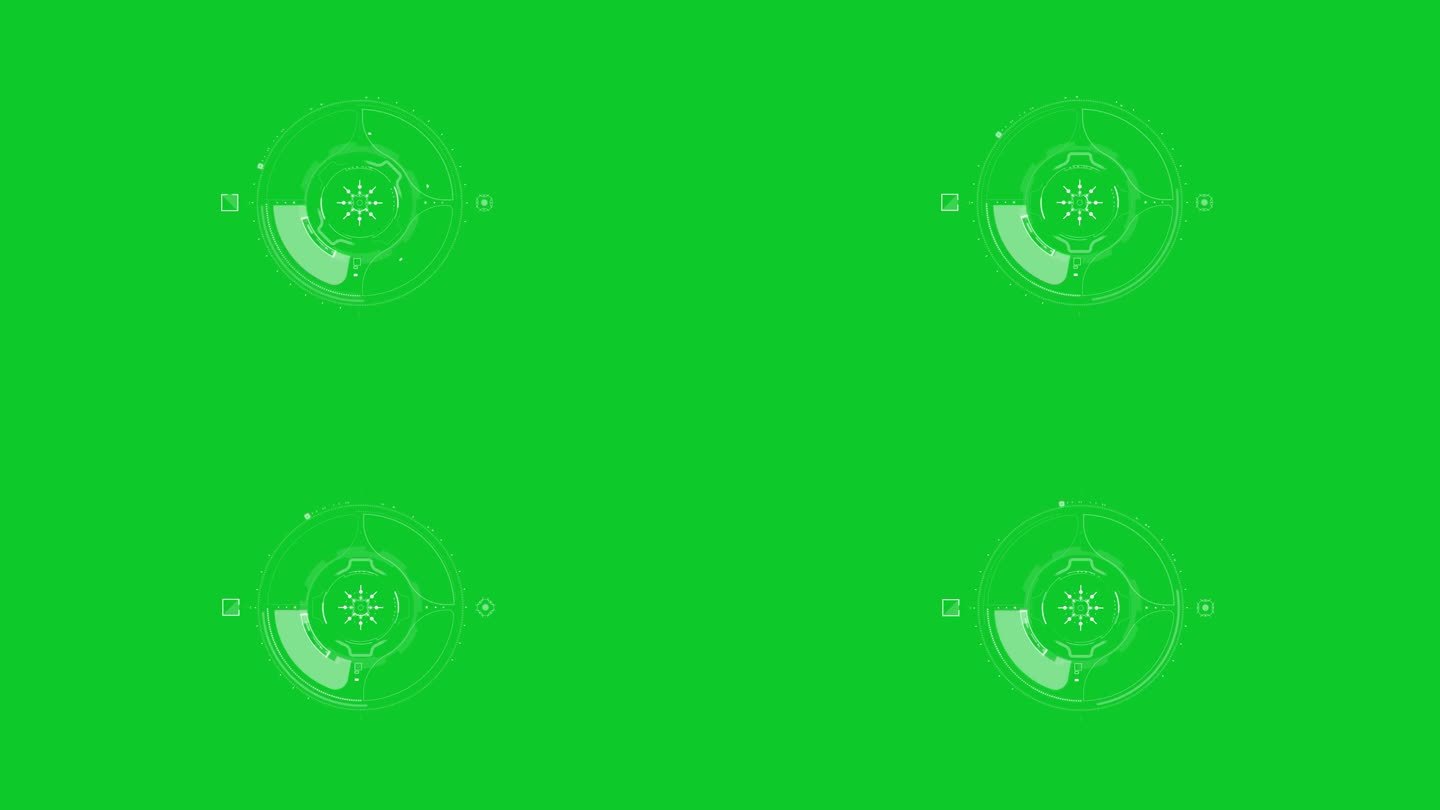 绿色屏幕上的HUD无人机目标:未来加载待定屏幕界面动画，无人机相机记录取景器覆盖。航空视频的HUD元