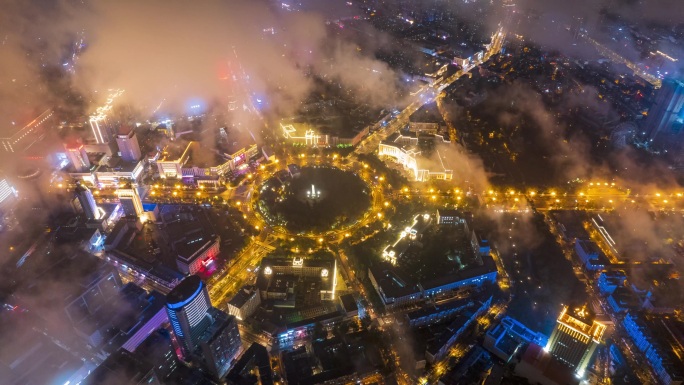 吉林长春人民广场夜景平流雾延时摄影
