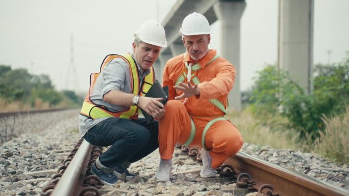 美国的资深成年铁路工程专业人员，头戴钢盔，身穿防护工作服，坐在列车轨道中间，检查轨枕是否能支撑轨道，