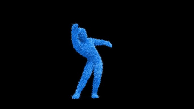 蓝色3D毛茸茸的角色在空旷的舞台上慢慢跳舞。循环与Luma通道。